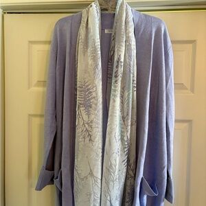 Lavender Cardigan with Patterned Scarf